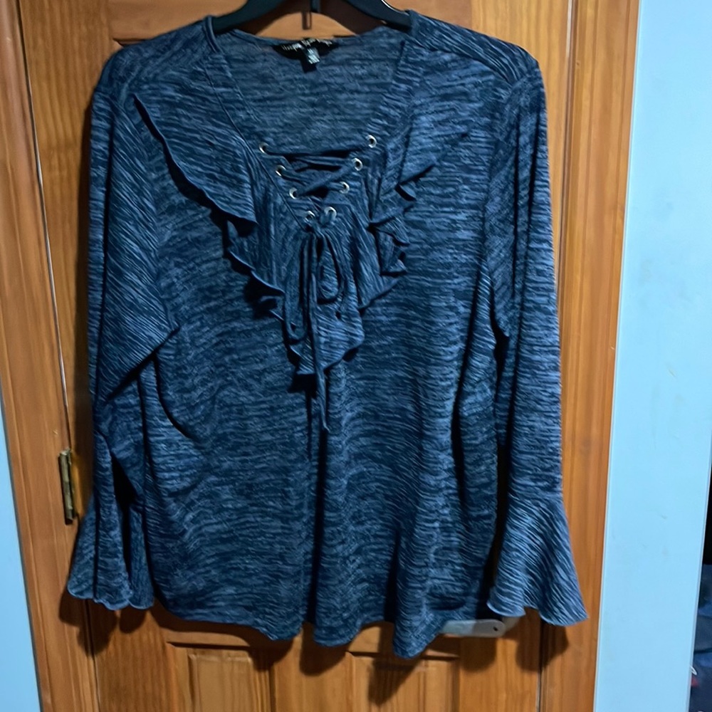 Soft Blue marled ruffle neck top